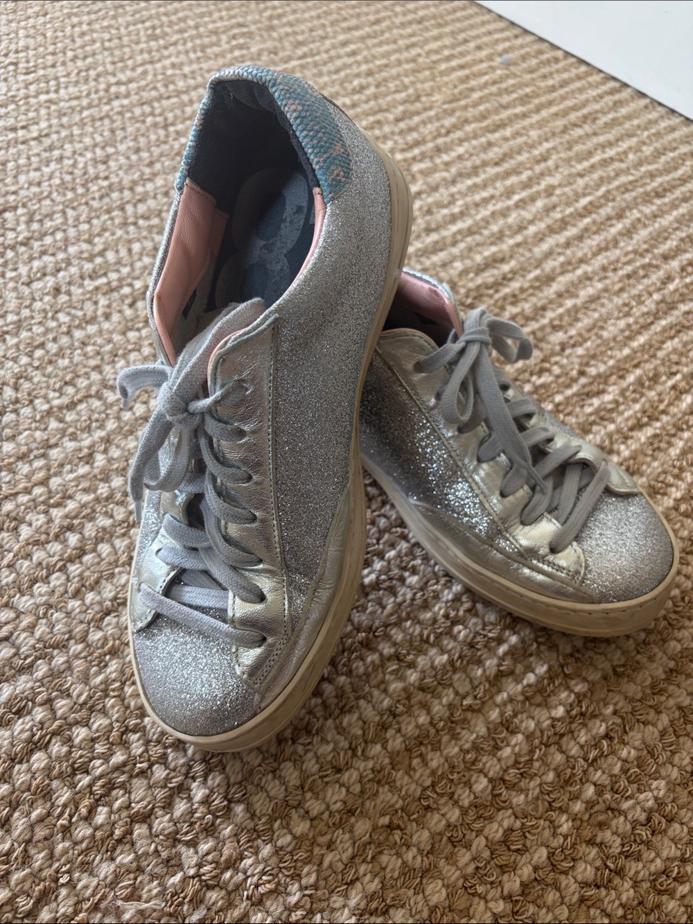 P448 Silver Glitter Low Top Sneakers with Pink Lining